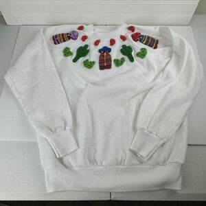 VTG Sombrero Cactus Chili Applique Sweatshirt Womens Size L Granny Cottage Core